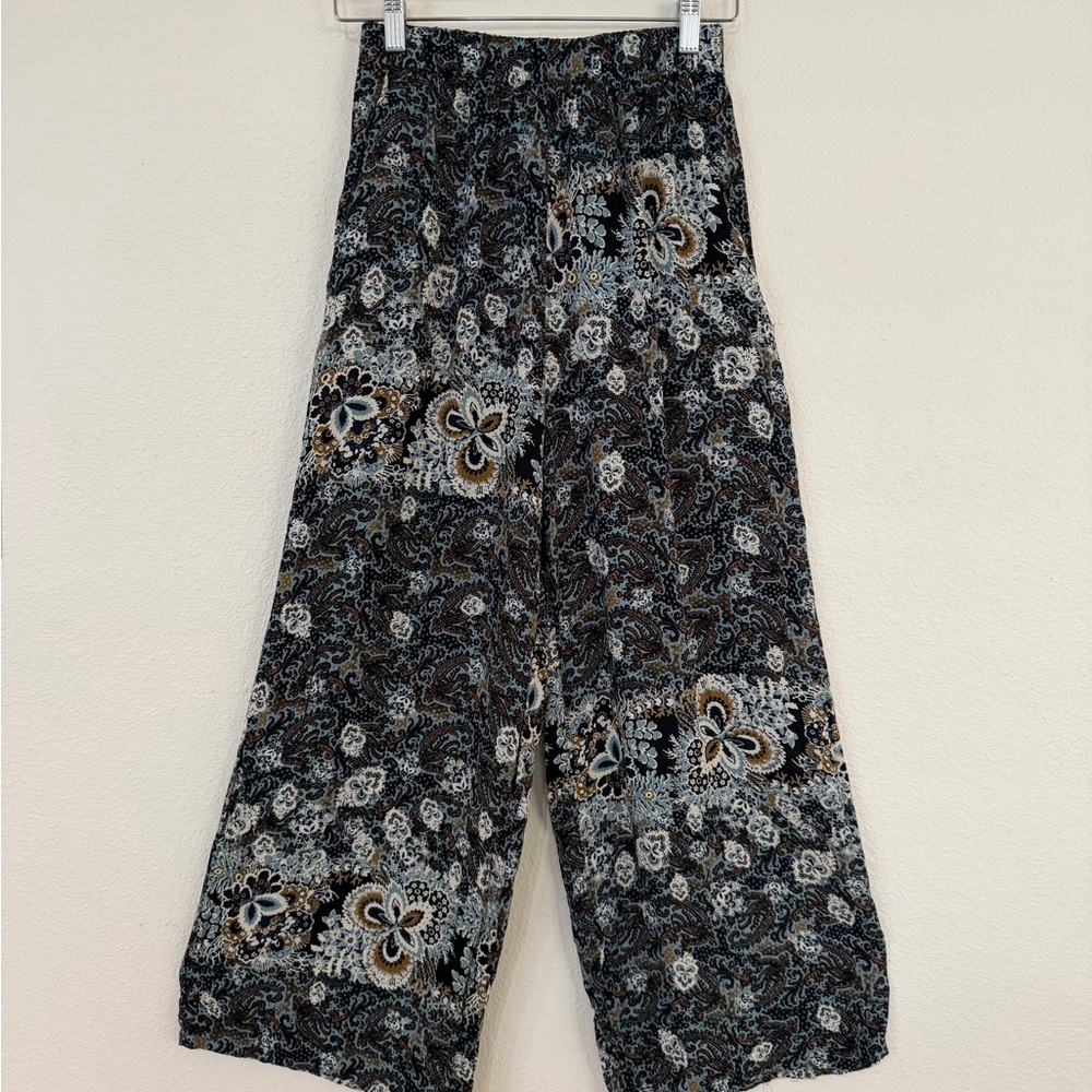 Zara Blue and Black Floral Print Elastic Waist Pants L size W019